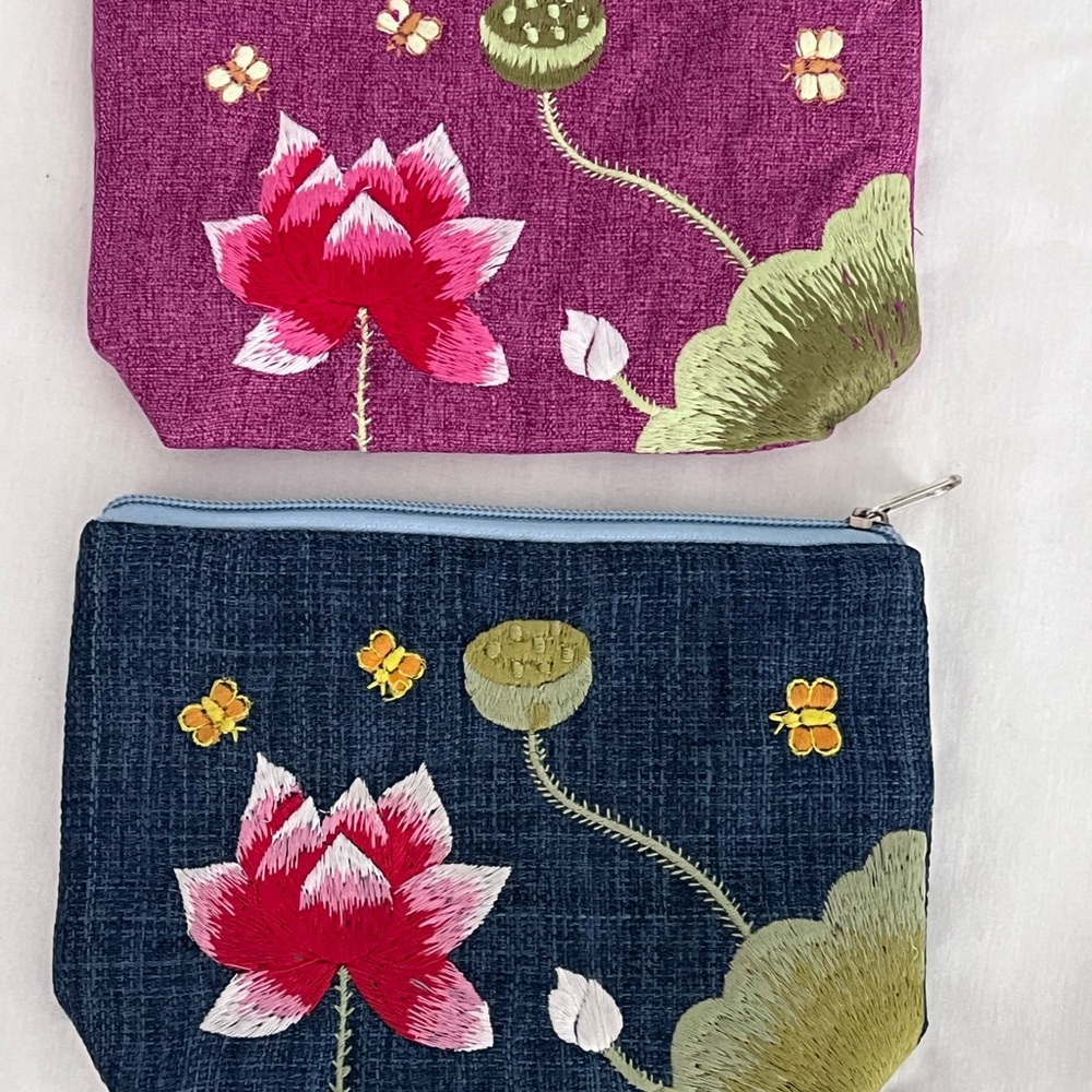 Floral Embroidered Women's Pouch Set - Pink and Blue